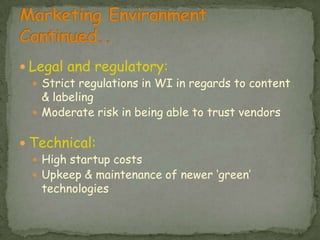 Marketing Environment Continued..Legal and regulatory: Strict regulations in WI in regards to content & labelingModerate risk in being able to trust vendorsTechnical: High startup costs Upkeep & maintenance of newer ‘green’ technologies