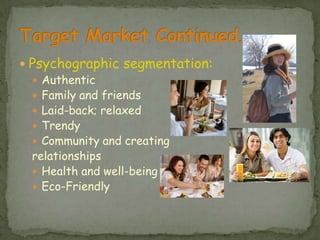 Psychographic segmentation:AuthenticFamily and friendsLaid-back; relaxedTrendyCommunity and creating relationshipsHealth and well-being Eco-FriendlyTarget Market Continued…