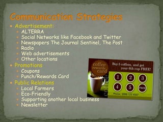Option 2: Receive free café beverage when coffee card is fullOne Investor at least $100,000IBM Smarter Cities Challenge Small business loan of at least $150,00010 year loan  6% interest $1,665.31Profit Goal: to see a profit after the first 3 years.Pricing Strategy