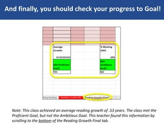 And finally, you should check your progress to Goal!
Note: This class achieved an average reading growth of .53 years. The class met the
Proficient Goal, but not the Ambitious Goal. This teacher found this information by
scrolling to the bottom of the Reading Growth Final tab.
 