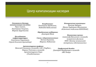 Центр капитализации наследия
Основатели Центра
капитализации наследия:

Нунэ Алекян,
Екатерина Тищенко,
Марина Хрусталева

Исторические аннотации:

Координация:

Виктор Зубарев,
Ирина Трубецкая (Московское
областное отделение ВООПИиК)

Екатерина Бредихина,
Надежда Бадиловская
Юридическая поддержка:

Дмитрий Юсов
Исследование
инфраструктуры:

Анастасия Грушецкая,
Сергей Клычков (Архнадзор)

Финансовая оценка:

Связи с общественностью:

Ксения Корнеева,
Марина Любанская

Александр Василенко и команда
калужского филиала
ООО «Центр независимой
экспертизы собственности»

Архитектурная графика:

Василий Сошников и команда «АИ_Студии»,
Наринэ Тютчева и команда
Архитектурного бюро
«Рождественка»

17

Графический дизайн:

Дмитрий Мордвинцев и команда
ABC Design

 