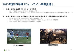 ? 2013 NEXON Co., Ltd. All Rights Reserved.
19
20132İ PC饤IҊͨ
? й 䤫ʳLȥ
C ɑӛDungeon&FighterA{
C 󥿩`ȥ饤?饤󡻣Counter-Strike OnlineAйˤƵΣĿ˴󤭤ȥ
? n `ӼȴҪȥγLˤꡢǰͬڤΉӤ
C FIFA饤3FIFA Online 3 AL
C ɥ󥢥åSudden AttackӤϡɑӛDungeon&Fighter{
C  Pro Baseball 2K ȡWarface Ȥ`趨
 