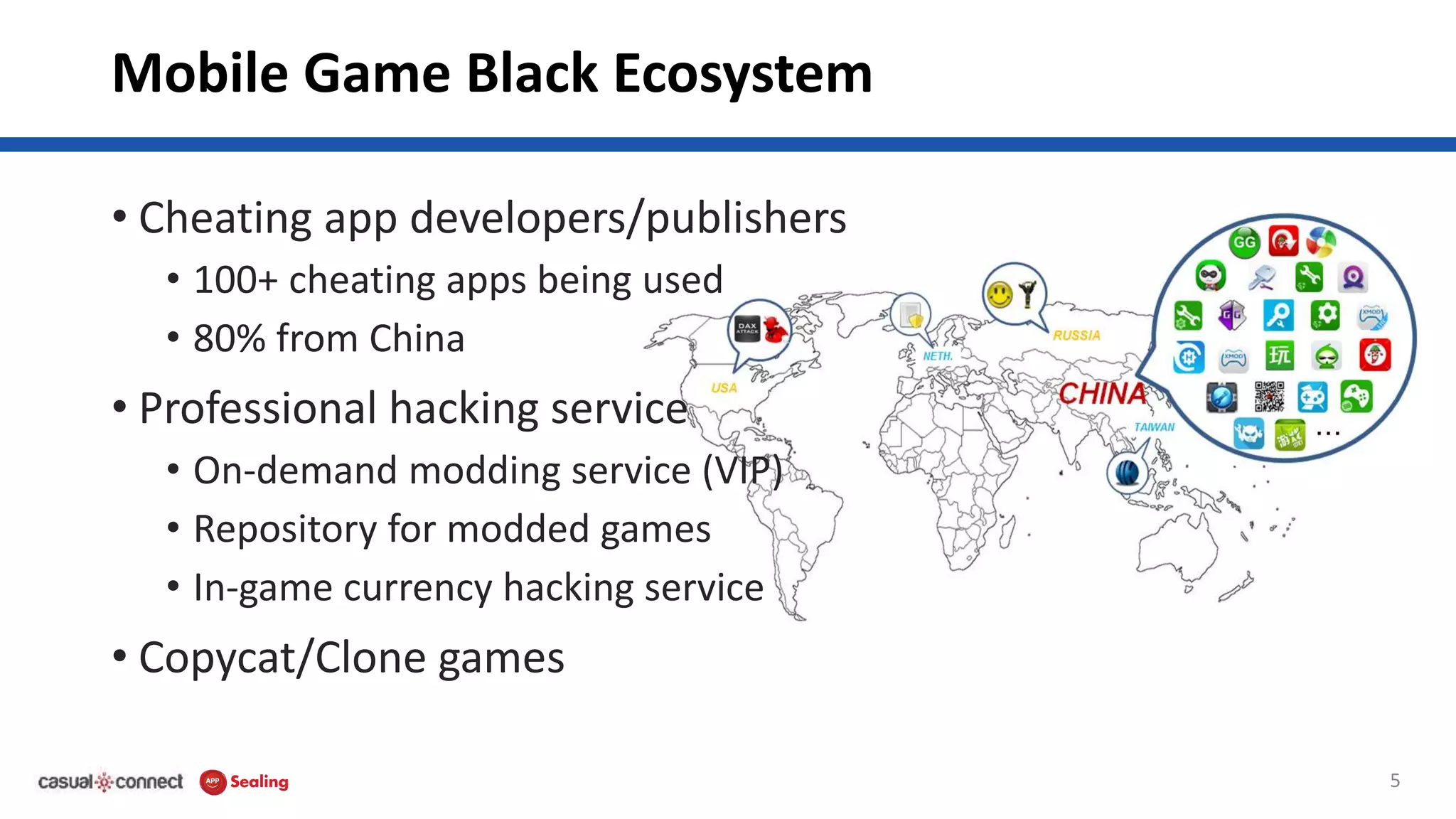 Mobile Game Black Ecosystem
• Cheating app developers/publishers
• 100+ cheating apps being used
• 80% from China
• Professional hacking service
• On-demand modding service (VIP)
• Repository for modded games
• In-game currency hacking service
• Copycat/Clone games
5
 