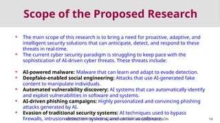 Scope of the Proposed Research
 The main scope of this research is to bring a need for proactive, adaptive, and
intelligent security solutions that can anticipate, detect, and respond to these
threats in real-time.
 The current cyber security paradigm is struggling to keep pace with the
sophistication of AI-driven cyber threats. These threats include:
 AI-powered malware: Malware that can learn and adapt to evade detection.
 Deepfake-enabled social engineering: Attacks that use AI-generated fake
content to manipulate individuals.
 Automated vulnerability discovery: AI systems that can automatically identify
and exploit vulnerabilities in software and systems.
 AI-driven phishing campaigns: Highly personalized and convincing phishing
attacks generated by AI.
 Evasion of traditional security systems: AI techniques used to bypass
firewalls, intrusion detection systems, and antivirus software.
INTERVIEW FOR Ph.D. ADMISSION FOR JAN 2026 SESSION 14
 