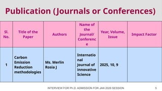 Publication (Journals or Conferences)
INTERVIEW FOR Ph.D. ADMISSION FOR JAN 2026 SESSION 5
Sl.
No.
Title of the
Paper
Authors
Name of
the
Journal/
Conferenc
e
Year, Volume,
Issue
Impact Factor
1
Carbon
Emission
Reduction
methodologies
Ms. Merlin
Rosia J
Internatio
nal
Journal of
innovative
Science
2025, 10, 9
 