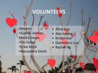 VOLUNTEERS
•Memie
•Averrie Aniban
•Becky Geum
•Gio Dulay
•Erika Moje
•Alessandra Diotti
• Alina Luo
• Alan Leong
• Kristin Asa
• Gianmarco Luu
• Rachel Ng
 
