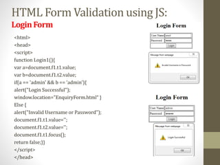 HTML Form Validation using JS:
LoginForm
<html>
<head>
<script>
function Login1(){
var a=document.f1.t1.value;
var b=document.f1.t2.value;
if(a == 'admin' && b == 'admin'){
alert("Login Successful");
window.location="EnquiryForm.html“ }
Else {
alert("Invalid Username or Password");
document.f1.t1.value='';
document.f1.t2.value='';
document.f1.t1.focus();
return false;}}
</script>
</head>
 