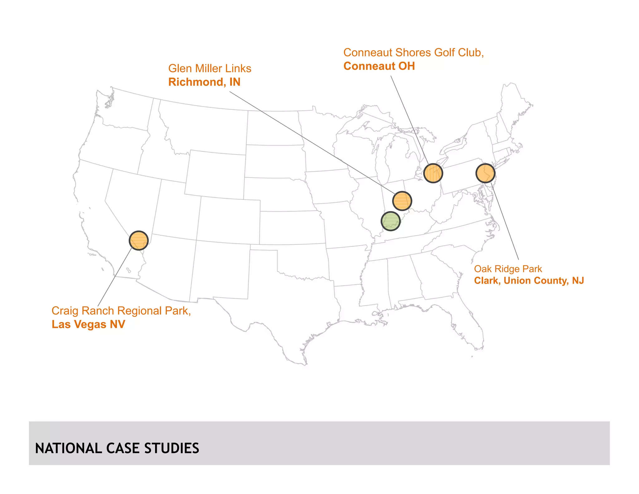 NATIONAL CASE STUDIES
Craig Ranch Regional Park,
Las Vegas NV
Conneaut Shores Golf Club,
Conneaut OH
Oak Ridge Park
Clark, Union County, NJ
Glen Miller Links
Richmond, IN
 