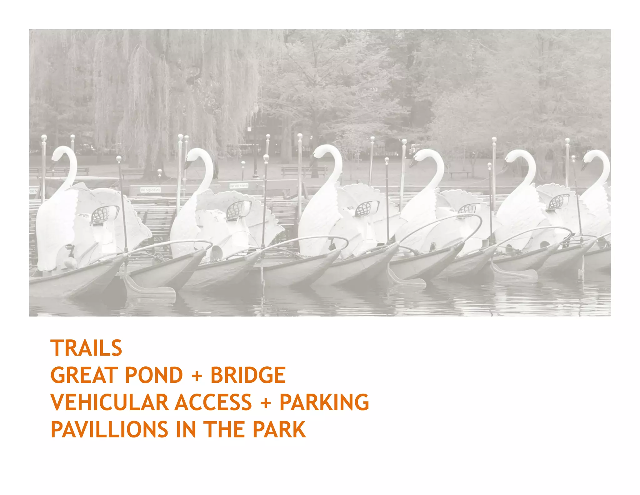 TRAILS
GREAT POND + BRIDGE
VEHICULAR ACCESS + PARKING
PAVILLIONS IN THE PARK
 