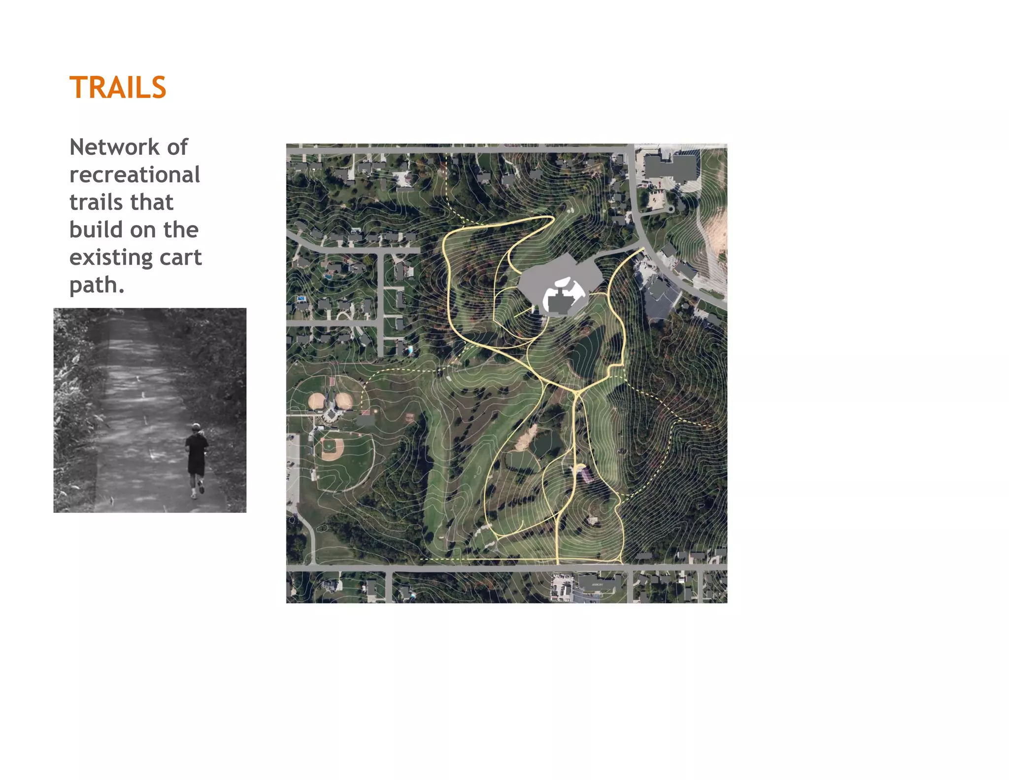 TRAILS
Network of
recreational
trails that
build on the
existing cart
path.
 