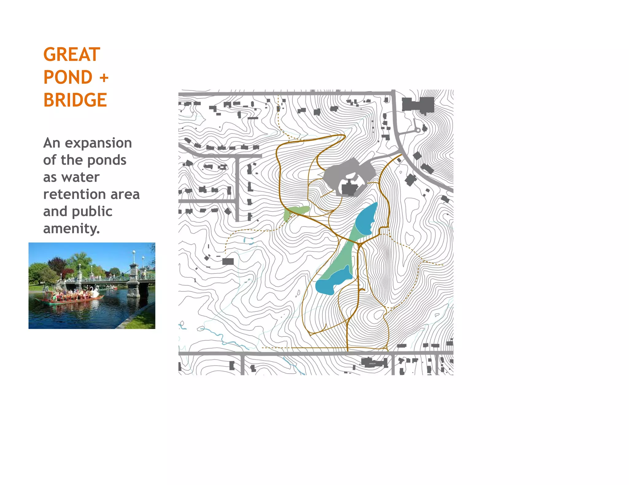 GREAT
POND +
BRIDGE
An expansion
of the ponds
as water
retention area
and public
amenity.
 