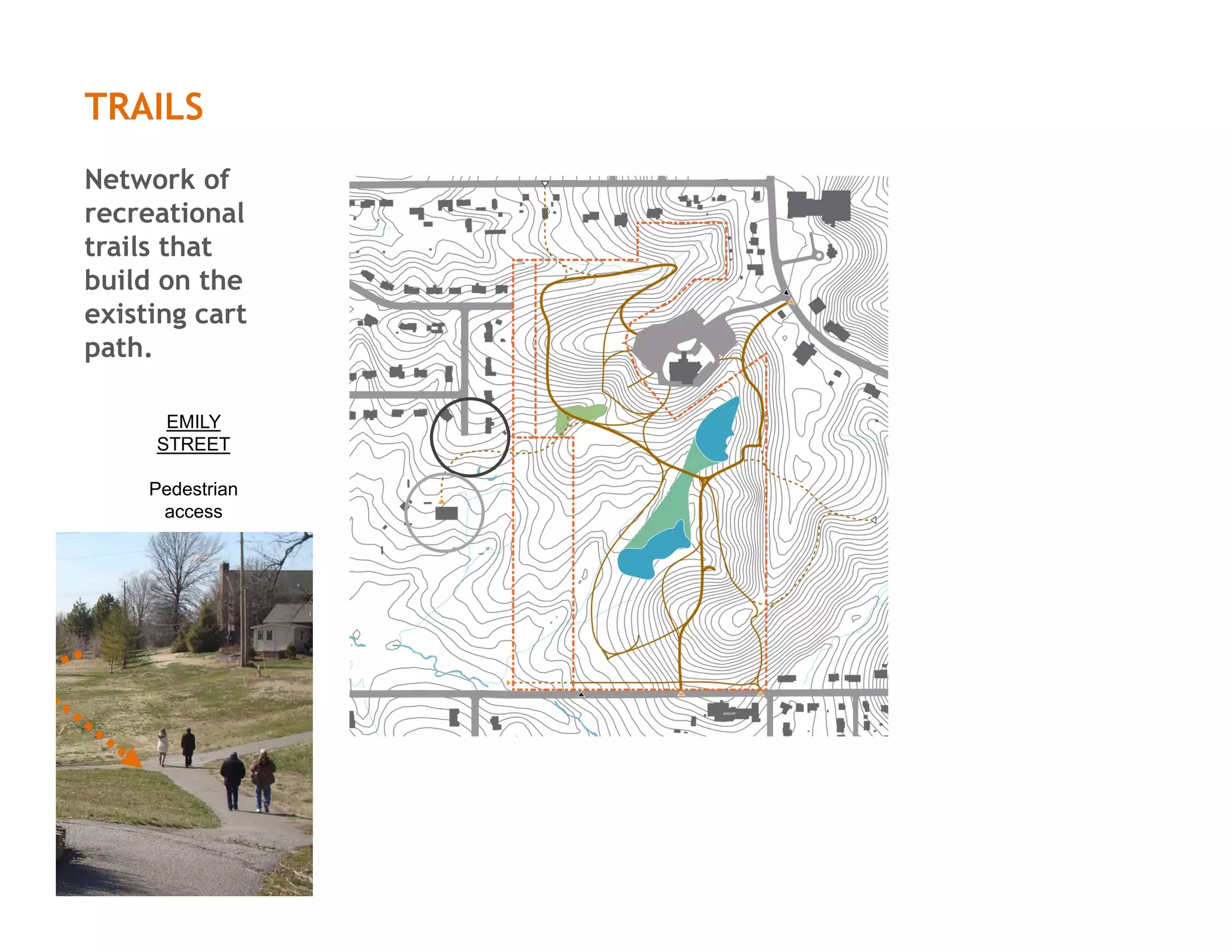 TRAILS
Network of
recreational
trails that
build on the
existing cart
path.
EMILY
STREET
Pedestrian
access
 
