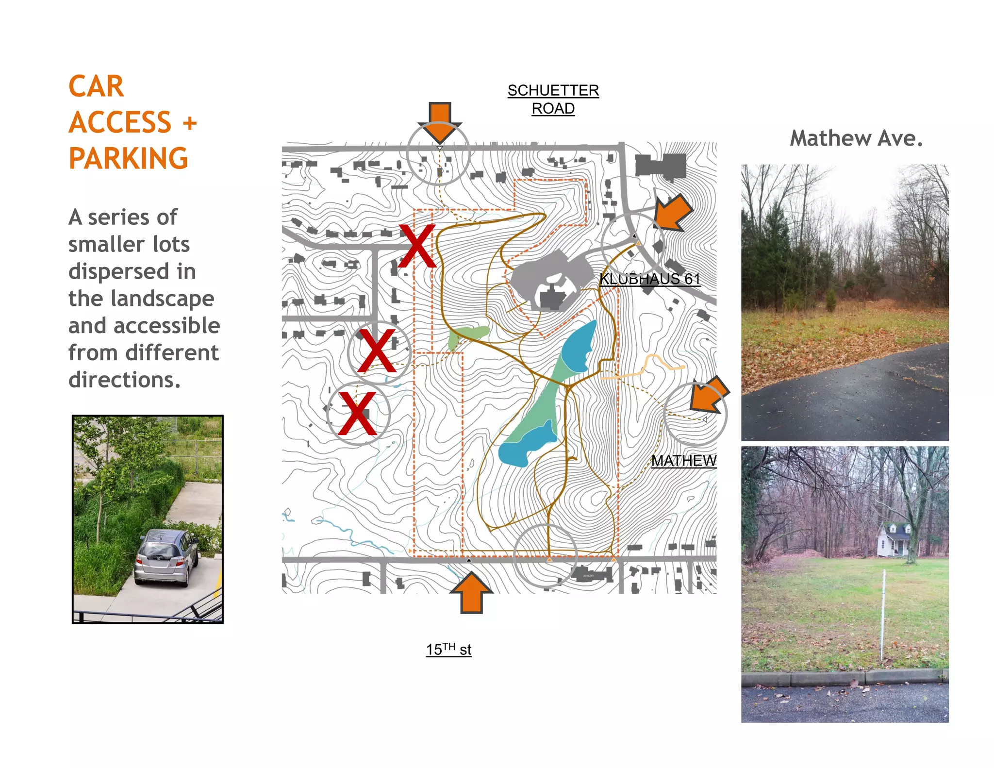 CAR
ACCESS +
PARKING
A series of
smaller lots
dispersed in
the landscape
and accessible
from different
directions.
x
x
x
Mathew Ave.
KLUBHAUS 61
MATHEW
SCHUETTER
ROAD
15TH st
 