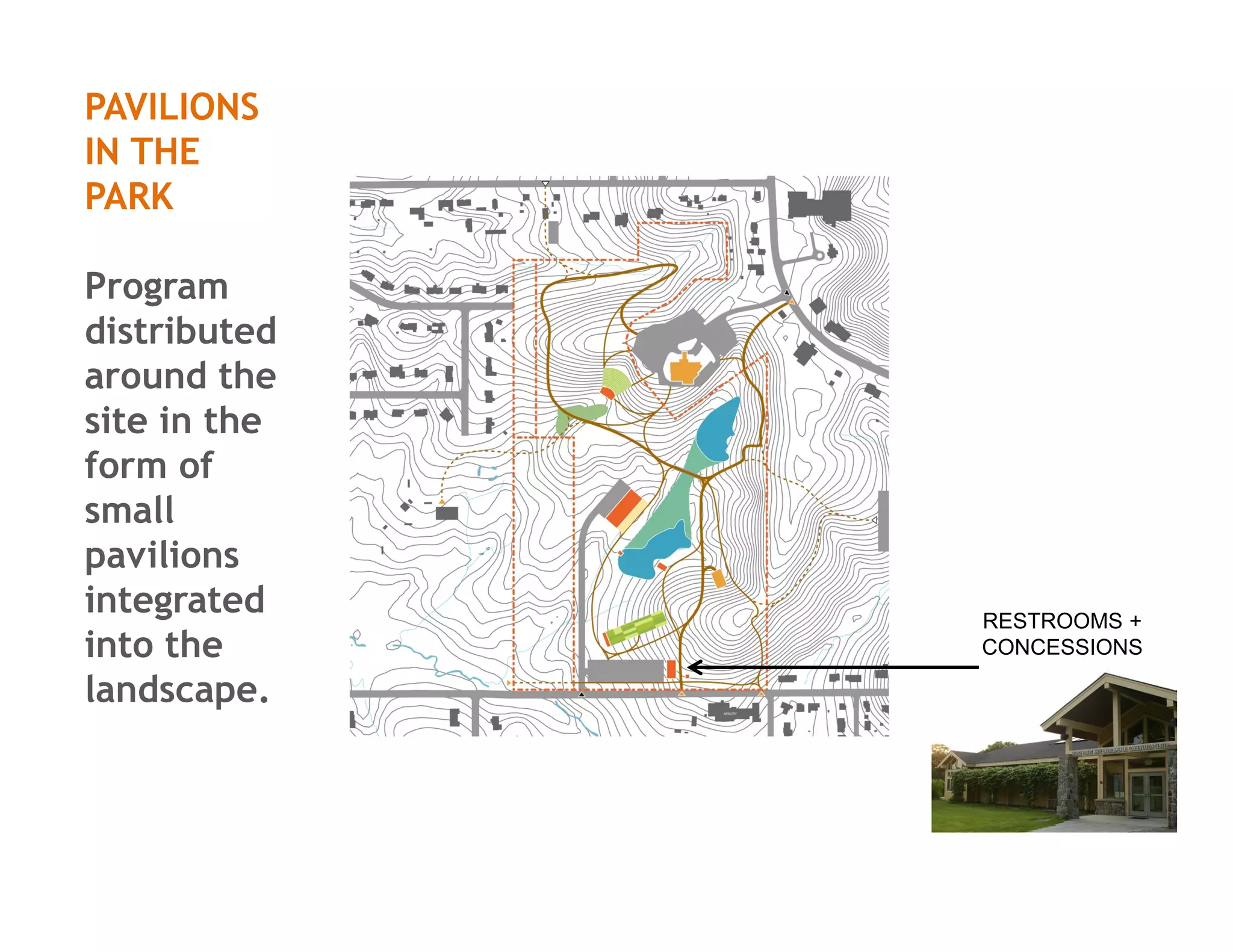 PAVILIONS
IN THE
PARK
Program
distributed
around the
site in the
form of
small
pavilions
integrated
into the
landscape.
RESTROOMS +
CONCESSIONS
 