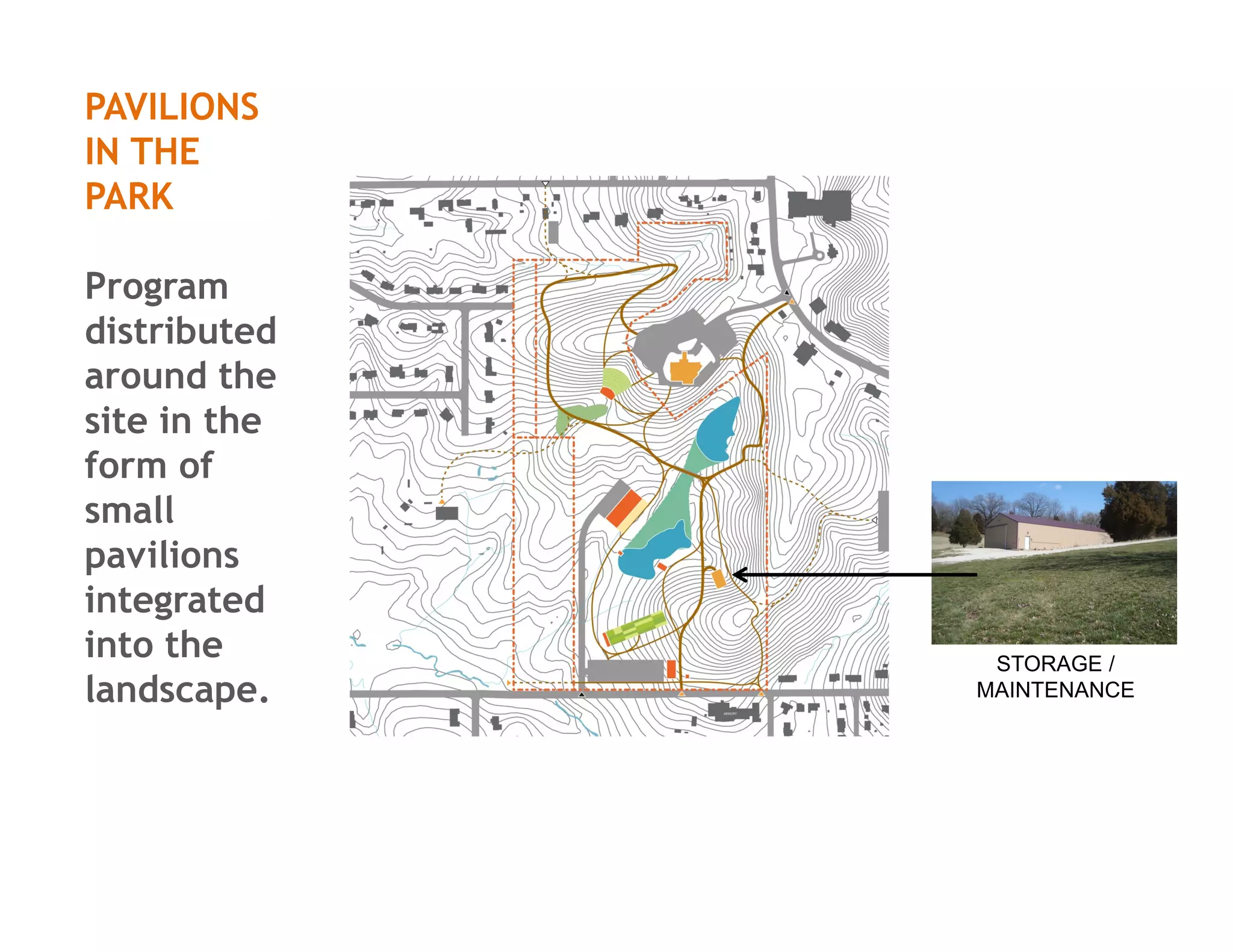 PAVILIONS
IN THE
PARK
Program
distributed
around the
site in the
form of
small
pavilions
integrated
into the
landscape.
STORAGE /
MAINTENANCE
 