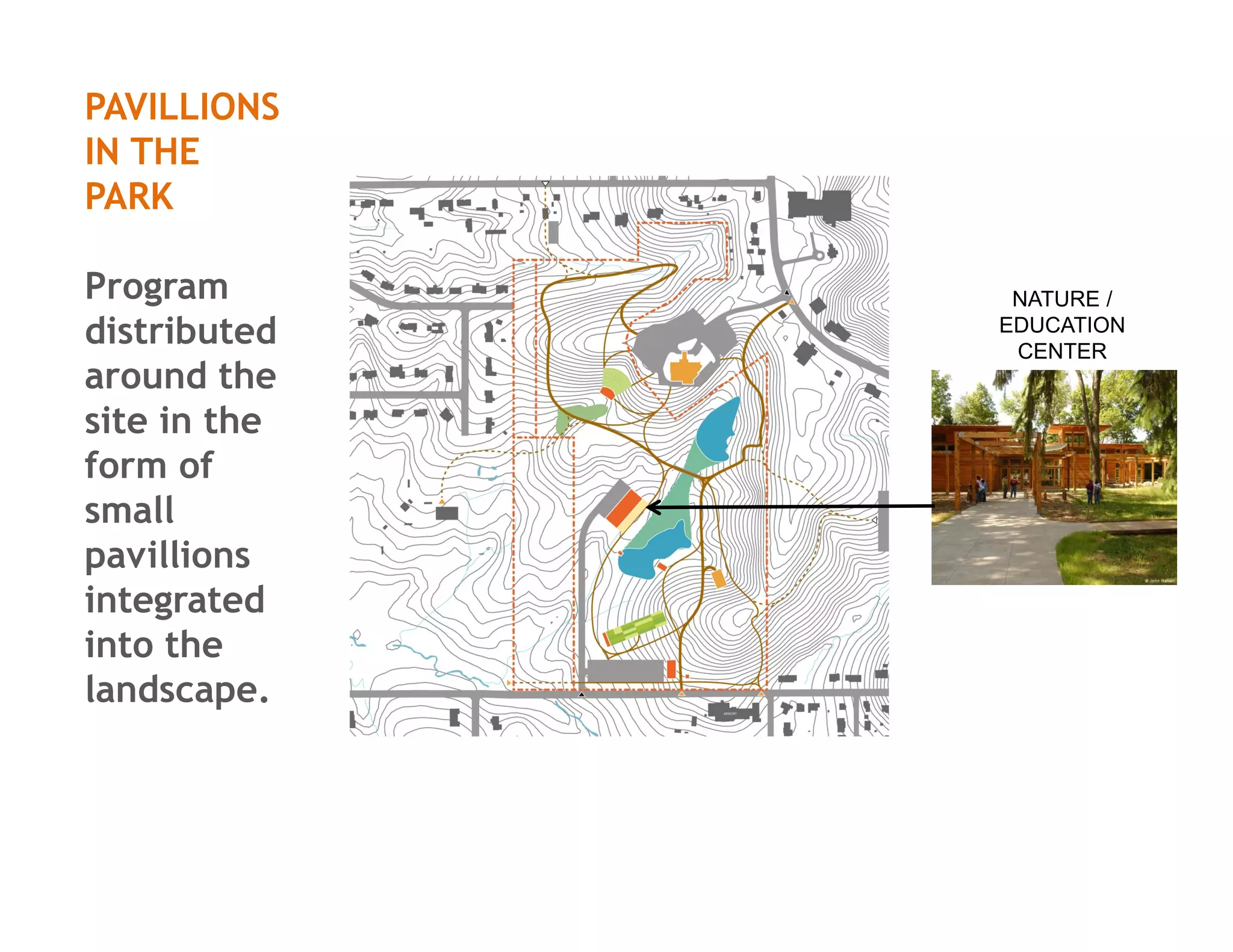 PAVILLIONS
IN THE
PARK
Program
distributed
around the
site in the
form of
small
pavillions
integrated
into the
landscape.
NATURE /
EDUCATION
CENTER
 