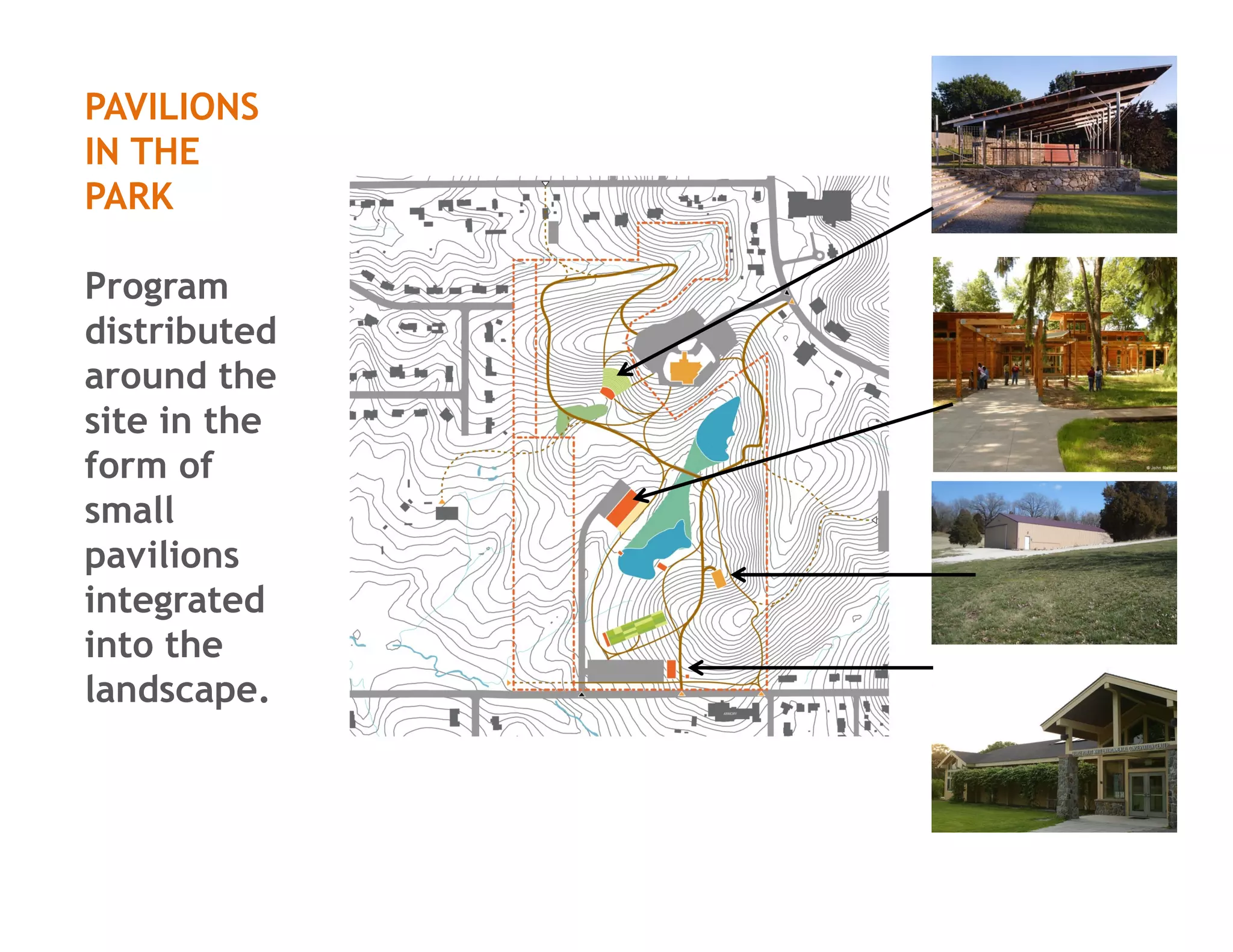 PAVILIONS
IN THE
PARK
Program
distributed
around the
site in the
form of
small
pavilions
integrated
into the
landscape.
 