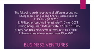 The following are interest rate of different countries:
1. Singapore Hong Leong finance interest rate of
2. 75 % or ( 0.0275 )
2. Philippines Lending Interest rate 7.10% or 0.071
3. HongKong Loan Interest rate 1.50% or 0.015
4. Lebanon bank credit card Interest rate 1% or 0.01
5. Panama home loan Interest rate 3% or 0.03
BUSINESS VENTURES
 