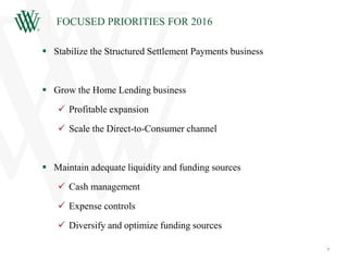 FOCUSED PRIORITIES FOR 2016
8
 Stabilize the Structured Settlement Payments business
 Grow the Home Lending business
 Profitable expansion
 Scale the Direct-to-Consumer channel
 Maintain adequate liquidity and funding sources
 Cash management
 Expense controls
 Diversify and optimize funding sources
 