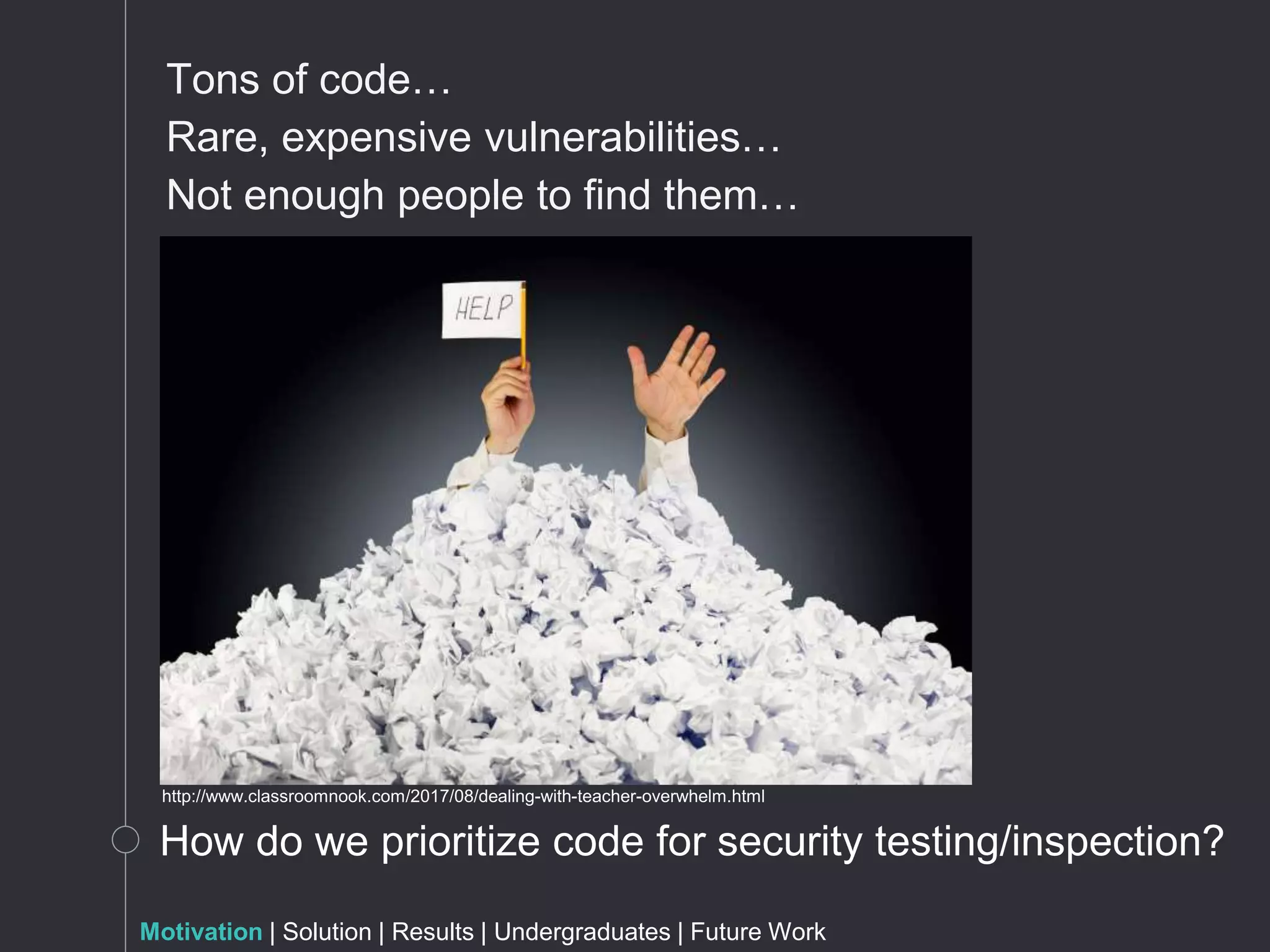 Motivation | Solution | Results | Undergraduates | Future Work
Tons of code…
Rare, expensive vulnerabilities…
Not enough people to find them…
How do we prioritize code for security testing/inspection?
http://www.classroomnook.com/2017/08/dealing-with-teacher-overwhelm.html
 