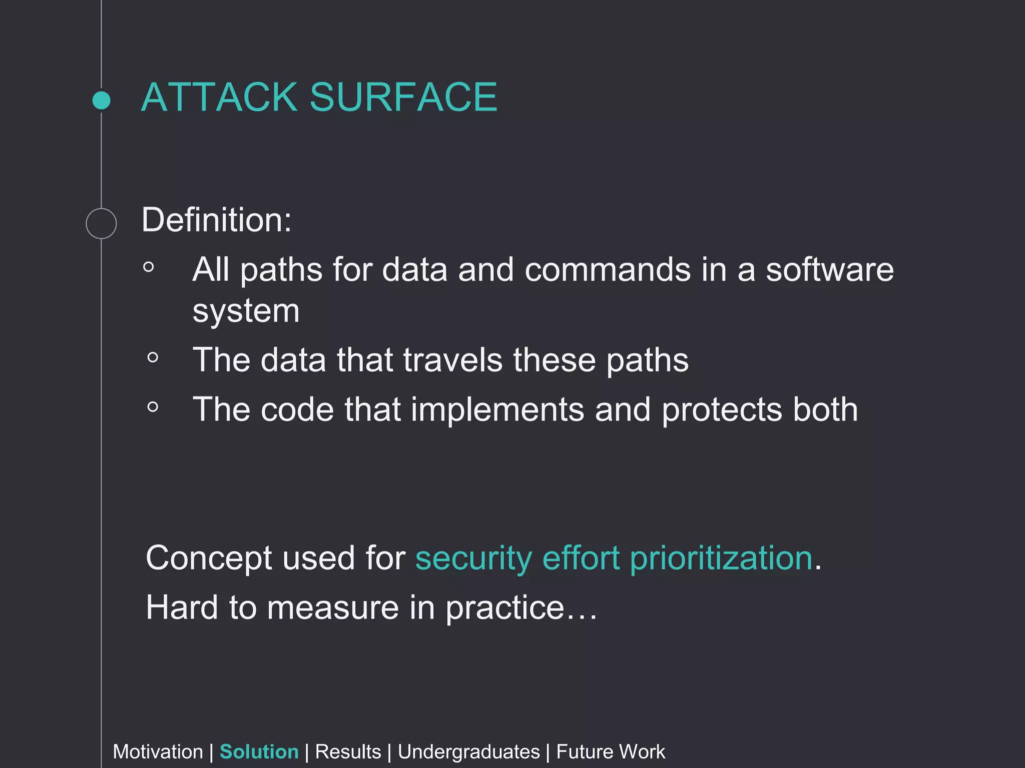 ATTACK SURFACE
Definition:
◦ All paths for data and commands in a software
system
◦ The data that travels these paths
◦ The code that implements and protects both
Concept used for security effort prioritization.
Hard to measure in practice…
Motivation | Solution | Results | Undergraduates | Future Work
 