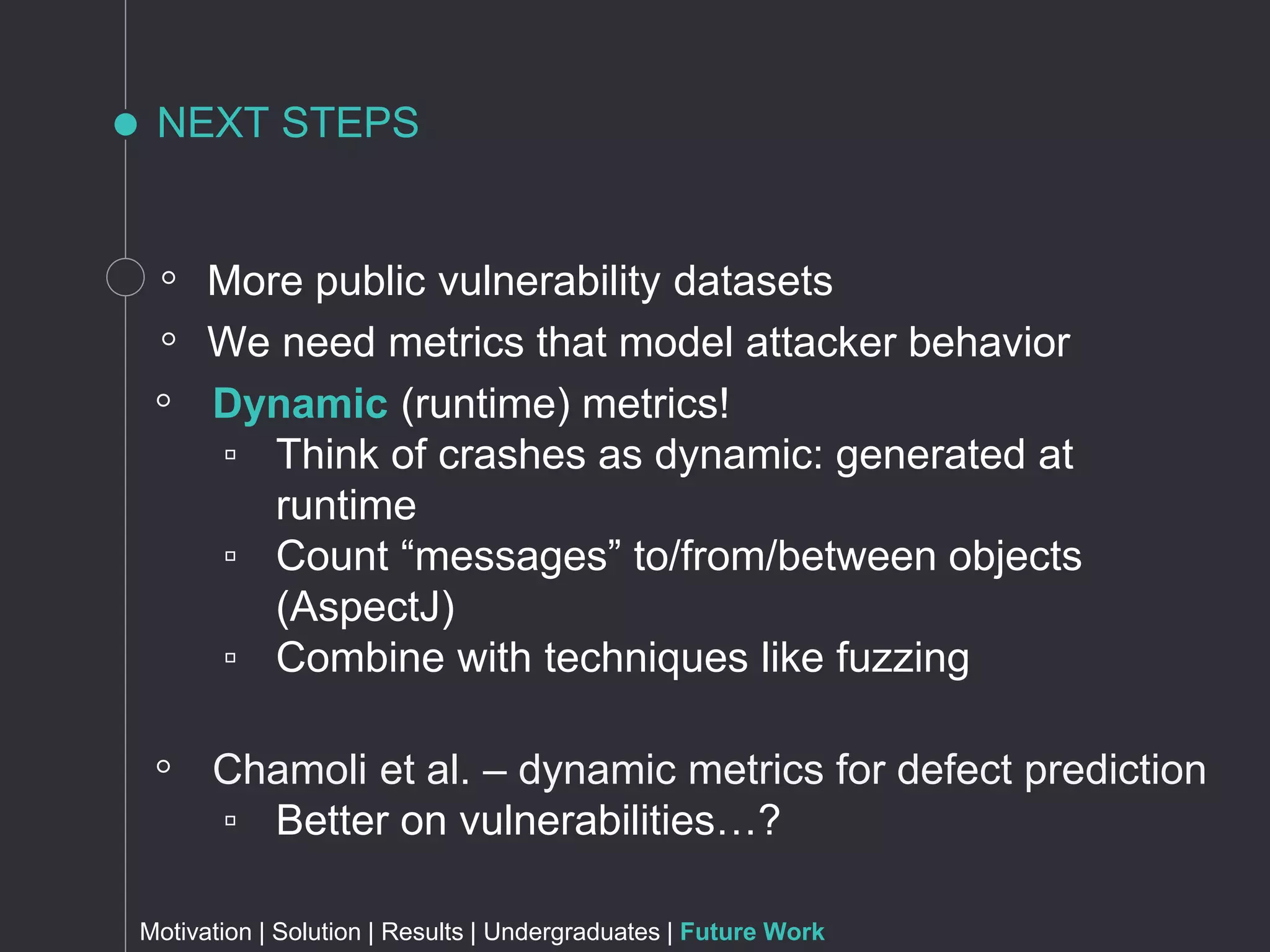 NEXT STEPS
Motivation | Solution | Results | Undergraduates | Future Work
◦ More public vulnerability datasets
◦ We need metrics that model attacker behavior
◦ Dynamic (runtime) metrics!
▫ Think of crashes as dynamic: generated at
runtime
▫ Count “messages” to/from/between objects
(AspectJ)
▫ Combine with techniques like fuzzing
◦ Chamoli et al. – dynamic metrics for defect prediction
▫ Better on vulnerabilities…?
 