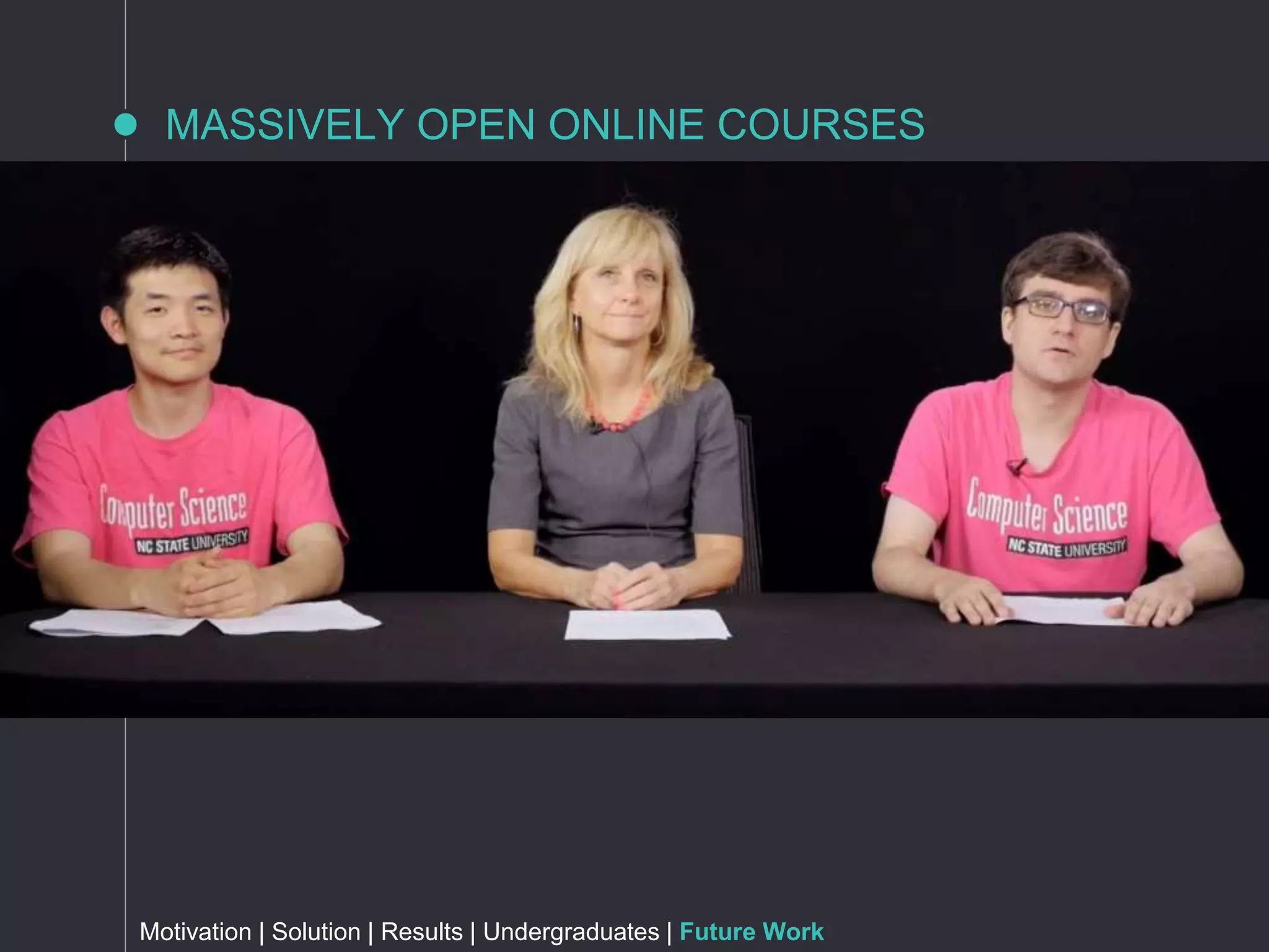 MASSIVELY OPEN ONLINE COURSES
◦ “Flipped” NCSU’s Software Security course
▫ Iteration 1: ~400 students
▫ Iteration 2: ~1100 students
◦ Lessons Learned:
▫ Amplifies gulf between veterans and newbies
▫ Assume no more than 2-3 hours of work/week
▫ Important to “seed” discussions
Motivation | Solution | Results | Undergraduates | Future Work
 