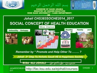KINGDOM OF SAUDI ARABIA
MINISTRY OF HIGHER EDUCTION
KING SAUD UNIVERSITY  CAMS DEPARTMENT
HE
Johali CHS383SOCHE2014_2017
SOCIAL CONCEPT OF HEALTH EDUCATION
Remember by “ Promote and Help Other To …….. ?
Johali CHS383SOCHE2014_2017
SOCIAL CONCEPT OF HEALTH EDUCATION
Remember by “ Promote and Help Other To …….. ?
JohaliSOCHE2014_2
017
CHS383 1
EISA ALI JOHALI ‫ي‬‫جوحل‬ ‫اال‬‫ا‬ ‫ي‬‫عل‬ ‫ااان‬‫ب‬ ‫ى‬‫عيس‬EISA ALI JOHALI ‫ي‬‫جوحل‬ ‫اال‬‫ا‬ ‫ي‬‫عل‬ ‫ااان‬‫ب‬ ‫ى‬‫عيس‬
‫الرحيم‬ ‫الرحمن‬ ‫الله‬ ‫بسم‬
Unhealthy – Unhappy Healthy Family and
Society
Johali 3rd
Step To Holistic Saudi HE & Happiness Society
Move -Improve
Mosque
http://fac.ksu.edu.sa/ejohali/courses
 