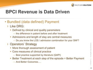 26 
| 10/5/2014 | © eHealth Data Solutions 
BPCI Revenue is Data Driven 
• 
Bundled (data defined) Payment 
› 
Like DRG: 
 
Defined by clinical and quality parameters 
– 
the difference in patient before and after treatment 
 
Admissions and length of stay are central measures 
– 
Do you know the LOS / admission combination for your SNF? 
› 
Operators’ Strategy 
 
More thorough assessment of patient 
 
Core measures of clinical practice 
– 
Best practice supported by literature (QAPI) 
 
Better Treatment at each step of the episode = Better Payment 
– 
And Better Outcomes….  
