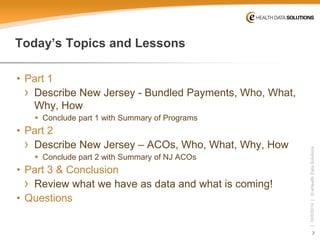 7 
| 10/5/2014 | © eHealth Data Solutions 
Today’s Topics and Lessons 
• 
Part 1 
› 
Describe New Jersey -Bundled Payments, Who, What, Why, How 
 
Conclude part 1 with Summary of Programs 
• 
Part 2 
› 
Describe New Jersey –ACOs, Who, What, Why, How 
 
Conclude part 2 with Summary of NJ ACOs 
• 
Part 3 & Conclusion 
› 
Review what we have as data and what is coming! 
• 
Questions  