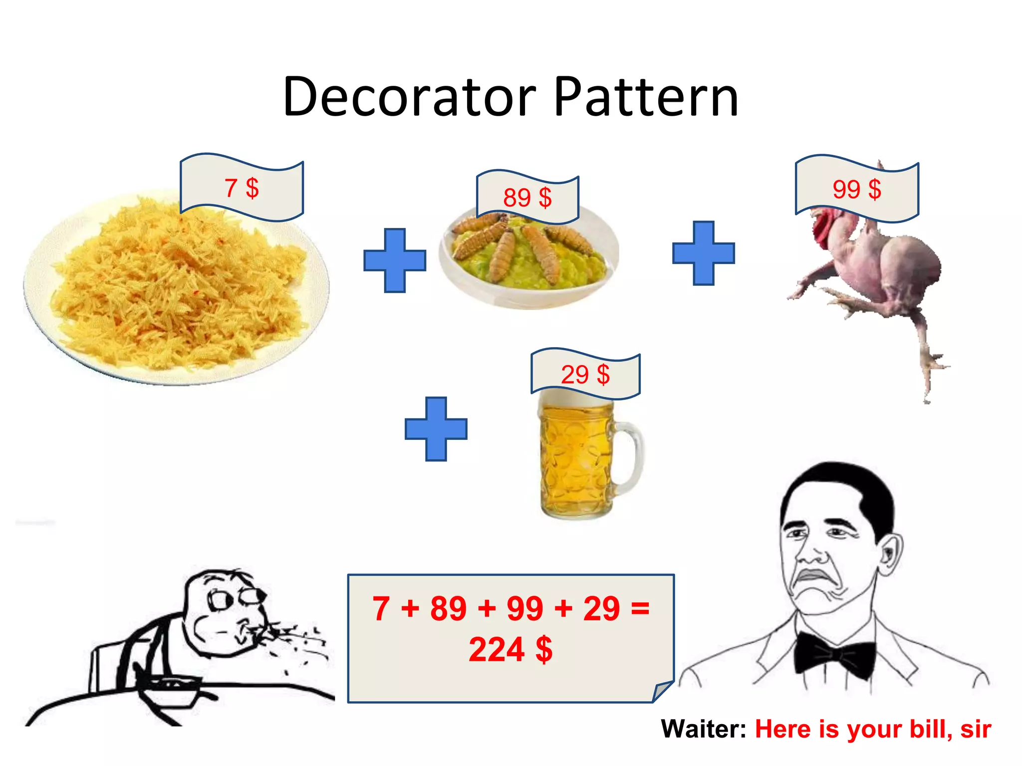 Decorator Pattern
99 $
29 $
89 $7 $
Waiter: Here is your bill, sir
7 + 89 + 99 + 29 =
224 $
 