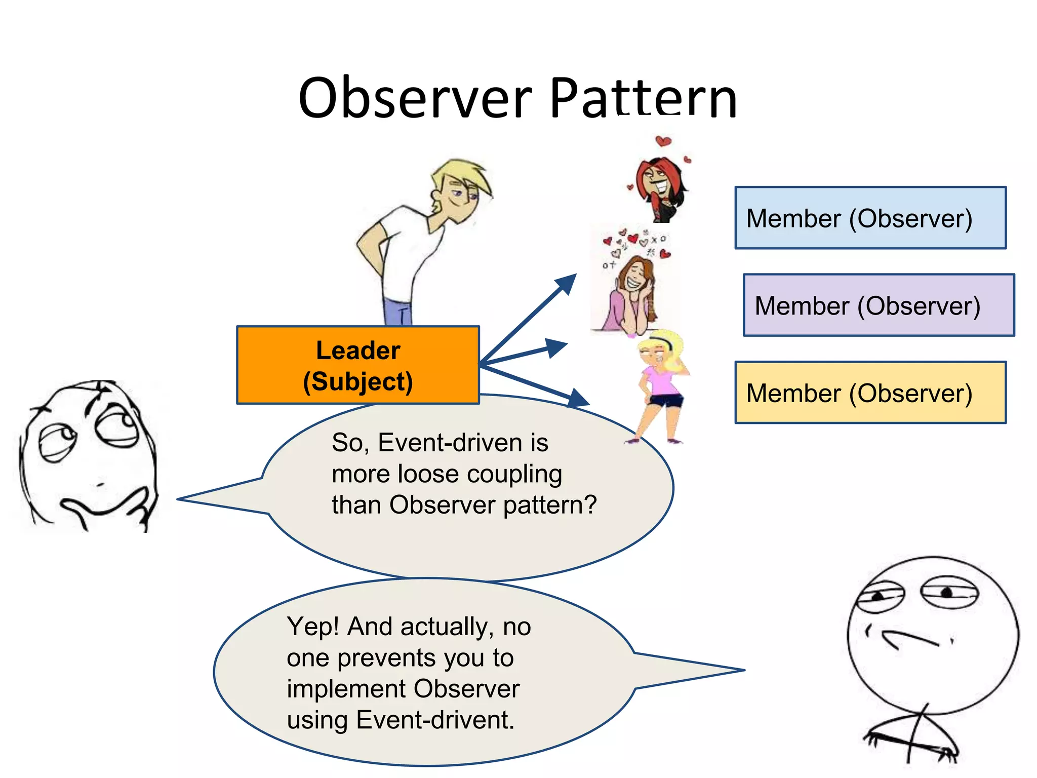 Observer Pattern
So, Event-driven is
more loose coupling
than Observer pattern?
Yep! And actually, no
one prevents you to
implement Observer
using Event-drivent.
Member (Observer)
Member (Observer)
Member (Observer)
Leader
(Subject)
 