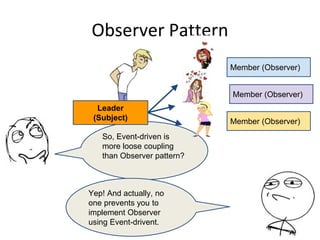 Observer Pattern
So, Event-driven is
more loose coupling
than Observer pattern?
Yep! And actually, no
one prevents you to
implement Observer
using Event-drivent.
Member (Observer)
Member (Observer)
Member (Observer)
Leader
(Subject)
 