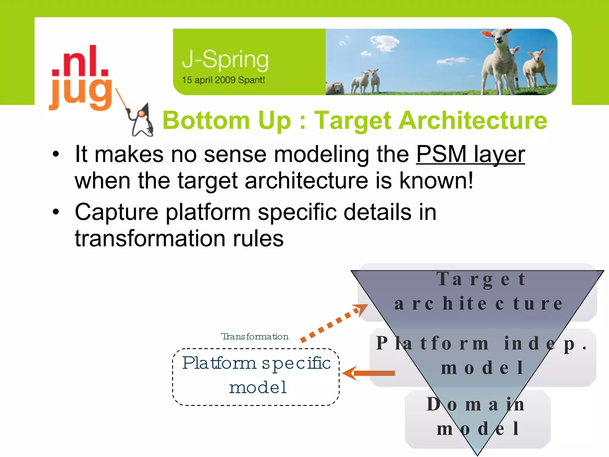 Bottom Up : Target Architecture It makes no sense modeling the  PSM layer  when the target architecture is known! Capture platform specific details in transformation rules Platform specific model Transformation Platform indep. model Target architecture Domain model 