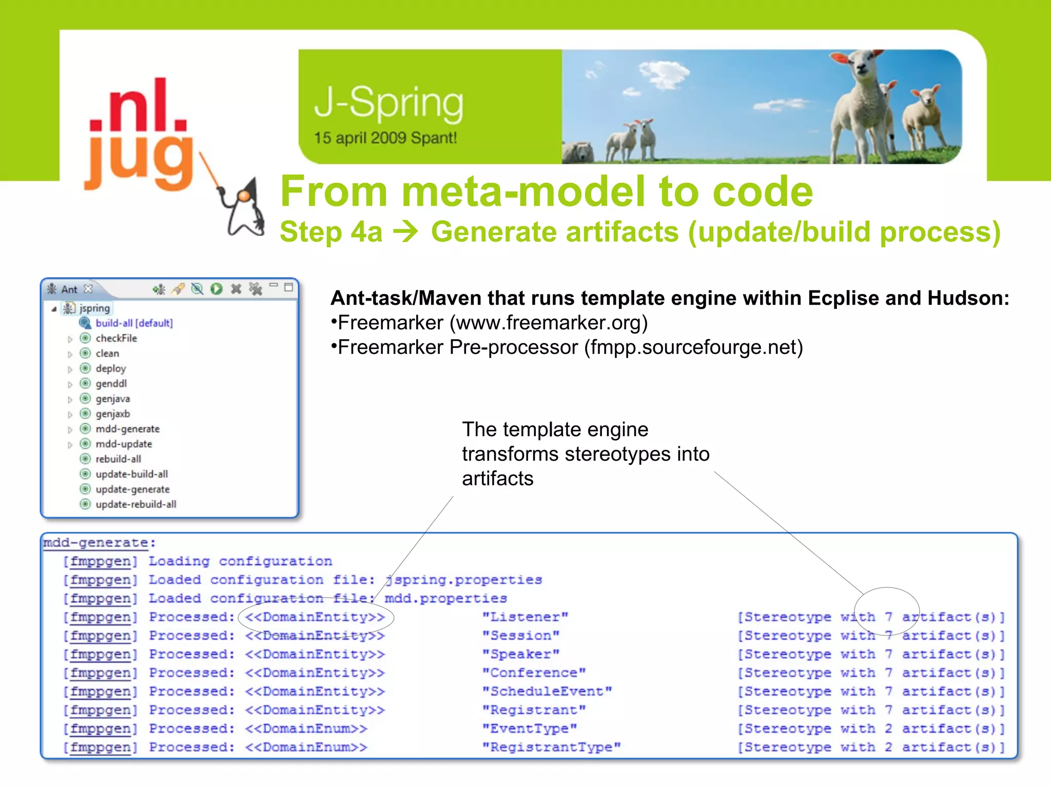 From meta-model to code Step 4a    Generate artifacts (update/build process) The template engine transforms stereotypes into artifacts Ant-task/Maven that runs template engine within Ecplise and Hudson:  Freemarker (www.freemarker.org) Freemarker Pre-processor (fmpp.sourcefourge.net) 