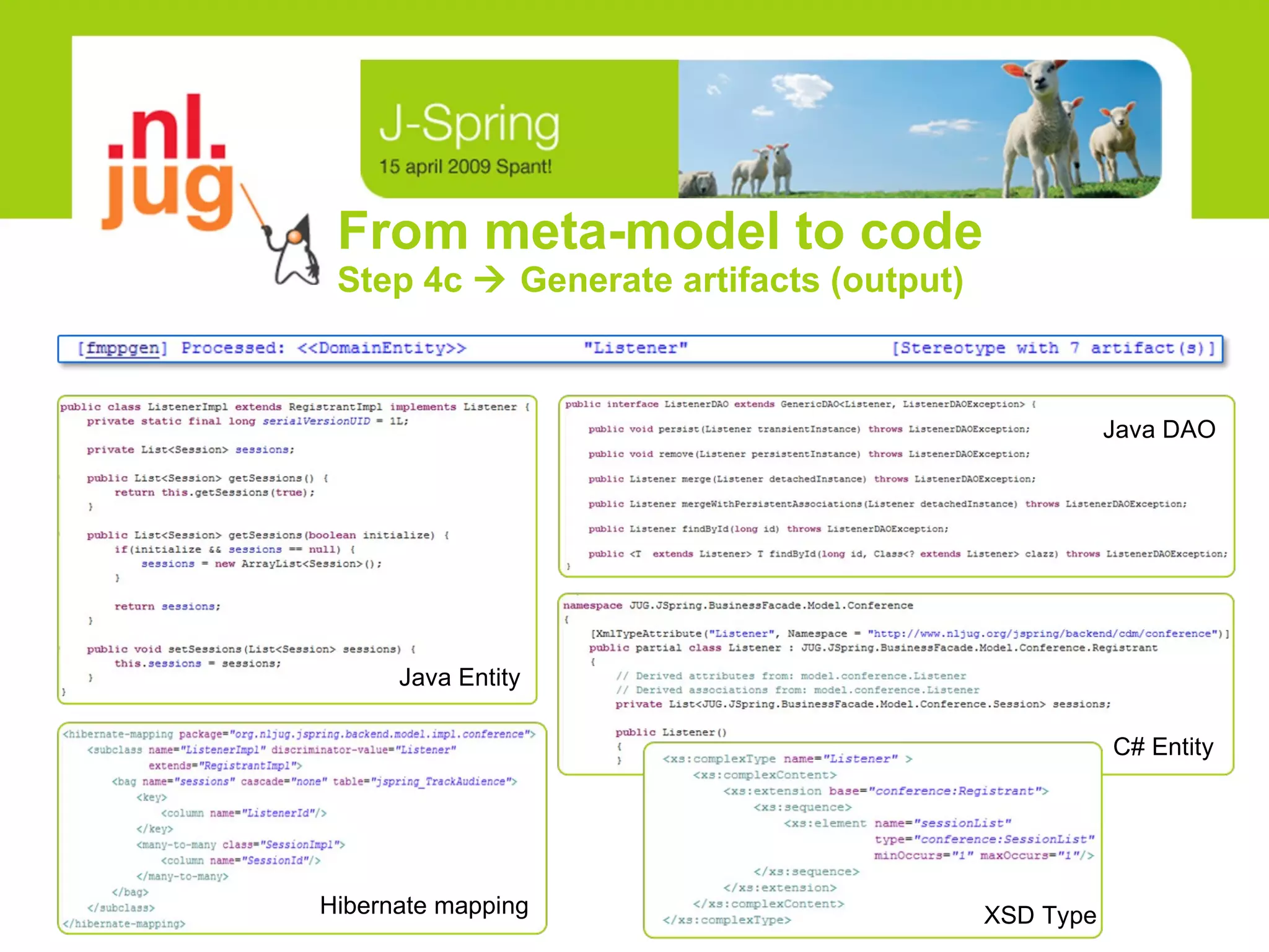 From meta-model to code Step 4c    Generate artifacts (output) Java Entity Java DAO C# Entity Hibernate mapping XSD Type 