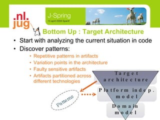 Bottom Up : Target Architecture Start with analyzing the current situation in code Discover patterns: Repetitive patterns in artifacts Variation points in the architecture Faulty sensitive artifacts Artifacts partitioned across  different technologies Patterns Platform indep. model Target architecture Domain model 