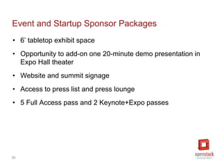 30
Event and Startup Sponsor Packages
• 6’ tabletop exhibit space
• Opportunity to add-on one 20-minute demo presentation in
Expo Hall theater
• Website and summit signage
• Access to press list and press lounge
• 5 Full Access pass and 2 Keynote+Expo passes
 