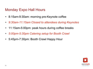 36
Monday Expo Hall Hours
• 8:15am-9:30am: morning pre-Keynote coffee
• 9:30am-11:15am Closed to attendees during Keynotes
(only booth staff permitted entry)
• 11:15am-5:00pm: peak hours during coffee breaks
• 5:00pm-5:30pm Catering setup for Booth Crawl
• 5:45pm-7:30pm: Booth Crawl Happy Hour
 