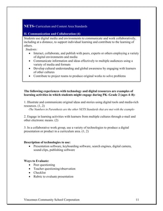 NETS- Curriculum and Content Area Standards

II. Communication and Collaboration (4)
Students use digital media and environments to communicate and work collaboratively,
including at a distance, to support individual learning and contribute to the learning of
others.
 Students:
    • Interact, collaborate, and publish with peers, experts or others employing a variety
        of digital environments and media
    • Communicate information and ideas effectively to multiple audiences using a
        variety of media and formats
    • Develop cultural understanding and global awareness by engaging with learners
        of other cultures
    • Contribute to project teams to produce original works to solve problems



The following experiences with technology and digital resources are examples of
learning activities in which students might engage during PK–Grade 2 (ages 4–8):

1. Illustrate and communicate original ideas and stories using digital tools and media-rich
resources. (1, 2)
   -The Numbers in Parenthesis are the other NETS Standards that are met with the example-

2. Engage in learning activities with learners from multiple cultures through e-mail and
other electronic means. (2)

3. In a collaborative work group, use a variety of technologies to produce a digital
presentation or product in a curriculum area. (1, 2)


Description of technologies to use:
   • Presentation software, keyboarding software, search engines, digital camera,
      sound clips, publishing software


Ways to Evaluate:
  • Peer questioning
  • Teacher questioning/observation
  • Checklist
  • Rubric to evaluate presentation




Vincennes Community School Corporation                                                       11
 