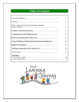 Table of Contents

Committee Members.......................................................................................              2

Abstract...........................................................................................................   3

FULL: National Educational Technology Standards
(NETS *Student)............................................................................................           4

Creativity and Innovation (new).................................................................                      6

Communication and Collaboration (4)......................................................                             11

Research and Information Fluency (5)......................................................                            41

Critical Thinking, Problem-Solving & Decision-Making (6, 3)...............                                            56

Digital Citizenship (2)..................................................................................             61

Technology Operations and Concepts (1, 3)..............................................                               67

General Notes.................................................................................................        73

Appendices
I. 21st Century Skills....................................................................................            76
II. Team Member Bios...................................................................................               77
 
