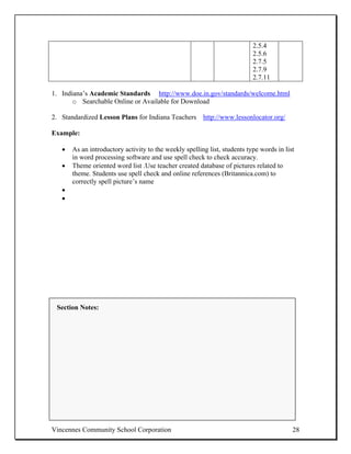 2.5.4
                                                                           2.5.6
                                                                           2.7.5
                                                                           2.7.9
                                                                           2.7.11

1. Indiana’s Academic Standards http://www.doe.in.gov/standards/welcome.html
       o Searchable Online or Available for Download

2. Standardized Lesson Plans for Indiana Teachers http://www.lessonlocator.org/

Example:

   •   As an introductory activity to the weekly spelling list, students type words in list
       in word processing software and use spell check to check accuracy.
   •   Theme oriented word list .Use teacher created database of pictures related to
       theme. Students use spell check and online references (Britannica.com) to
       correctly spell picture’s name
   •
   •




 Section Notes:




Vincennes Community School Corporation                                                    28
 