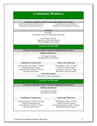 ~Committee Members~

            Vincennes Community School Corporation Administrative Office
    Ande Warren, Director & Project Lead                  Thomas Nonte, Executive Director
     Department of Information Systems                 Department of Curriculum and Instruction

                                            Consultant
                                             David Barr
                         International Society for Technology in Education

                                     Frona Carson, Secretary
                                Department of Information Systems
                                 Data manipulation and Compiler

                                  Academic Year 2007-2008

           Vincennes Community School Corporation Building Representatives
                                     Building Administrator
                                     Eric Goggins, Principal
                                  Washington Elementary School


        Kindergarten- Second Grade                              Third Grade- Fifth Grade
    Carolynn Stevenson, Teacher- 2nd Grade                 Molly Battles, Teacher- 3rd Grade
          Franklin Elementary School                         Franklin Elementary School
     Mollie Ravellette, Teacher- 2nd Grade                 Ann Donovan, Teacher- 5th Grade
           Vigo Elementary School                           Washington Elementary School
                                      Assist with Examples-
                               Kayla Kiefer, Teacher- Kindergarten

                                  Academic Year 2006-2007

           Vincennes Community School Corporation Building Representatives
                                     Building Administrator
                                     Tim Hutchison, Principal
                                     Riley Elementary School


        Kindergarten- Second Grade                              Third Grade- Fifth Grade

    Carolynn Stevenson, Teacher- 2nd Grade                  Molly Battles, Teacher- 3rd Grade
          Franklin Elementary School                           Franklin Elementary School
     Susan Marchino, Teacher- 3rd Grade                Jerri Johanningsmeier, Teacher- 5th Grade
           Vigo Elementary School                            Washington Elementary School




Vincennes Community School Corporation                                                             2
 