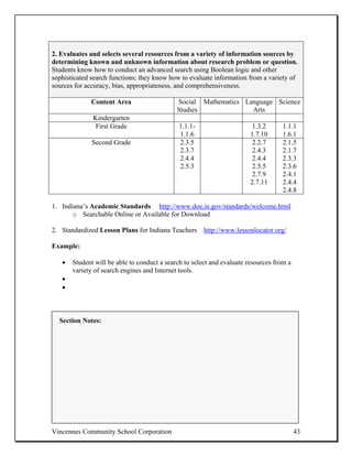2. Evaluates and selects several resources from a variety of information sources by
determining known and unknown information about research problem or question.
Students know how to conduct an advanced search using Boolean logic and other
sophisticated search functions; they know how to evaluate information from a variety of
sources for accuracy, bias, appropriateness, and comprehensiveness.

             Content Area                    Social Mathematics Language Science
                                             Studies              Arts
              Kindergarten
               First Grade                    1.1.1-                    1.3.2      1.1.1
                                              1.1.6                     1.7.10     1.6.1
              Second Grade                    2.3.5                      2.2.7     2.1.5
                                              2.3.7                      2.4.3     2.1.7
                                              2.4.4                      2.4.4     2.3.3
                                              2.5.3                      2.5.5     2.3.6
                                                                         2.7.9     2.4.1
                                                                        2.7.11     2.4.4
                                                                                   2.4.8

1. Indiana’s Academic Standards http://www.doe.in.gov/standards/welcome.html
       o Searchable Online or Available for Download

2. Standardized Lesson Plans for Indiana Teachers http://www.lessonlocator.org/

Example:

   •   Student will be able to conduct a search to select and evaluate resources from a
       variety of search engines and Internet tools.
   •
   •



  Section Notes:




Vincennes Community School Corporation                                                    43
 