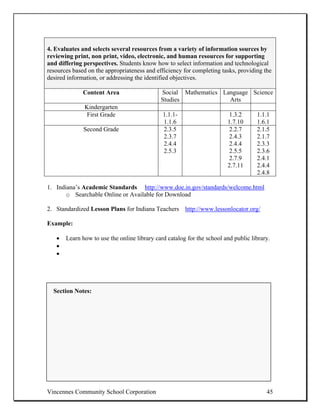 4. Evaluates and selects several resources from a variety of information sources by
reviewing print, non print, video, electronic, and human resources for supporting
and differing perspectives. Students know how to select information and technological
resources based on the appropriateness and efficiency for completing tasks, providing the
desired information, or addressing the identified objectives.

              Content Area                   Social Mathematics Language Science
                                             Studies              Arts
              Kindergarten
               First Grade                    1.1.1-                    1.3.2       1.1.1
                                              1.1.6                     1.7.10      1.6.1
              Second Grade                    2.3.5                      2.2.7      2.1.5
                                              2.3.7                      2.4.3      2.1.7
                                              2.4.4                      2.4.4      2.3.3
                                              2.5.3                      2.5.5      2.3.6
                                                                         2.7.9      2.4.1
                                                                        2.7.11      2.4.4
                                                                                    2.4.8

1. Indiana’s Academic Standards http://www.doe.in.gov/standards/welcome.html
       o Searchable Online or Available for Download

2. Standardized Lesson Plans for Indiana Teachers http://www.lessonlocator.org/

Example:

   •   Learn how to use the online library card catalog for the school and public library.
   •
   •




  Section Notes:




Vincennes Community School Corporation                                                  45
 
