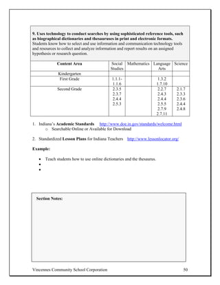 9. Uses technology to conduct searches by using sophisticated reference tools, such
as biographical dictionaries and thesauruses in print and electronic formats.
Students know how to select and use information and communication technology tools
and resources to collect and analyze information and report results on an assigned
hypothesis or research question.

             Content Area                   Social Mathematics Language Science
                                            Studies              Arts
              Kindergarten
               First Grade                   1.1.1-                       1.3.2
                                             1.1.6                        1.7.10
             Second Grade                    2.3.5                         2.2.7   2.1.7
                                             2.3.7                         2.4.3   2.3.3
                                             2.4.4                         2.4.4   2.3.6
                                             2.5.3                         2.5.5   2.4.4
                                                                           2.7.9   2.4.8
                                                                          2.7.11

1. Indiana’s Academic Standards http://www.doe.in.gov/standards/welcome.html
       o Searchable Online or Available for Download

2. Standardized Lesson Plans for Indiana Teachers http://www.lessonlocator.org/

Example:

   •   Teach students how to use online dictionaries and the thesaurus.
   •
   •




  Section Notes:




Vincennes Community School Corporation                                                50
 