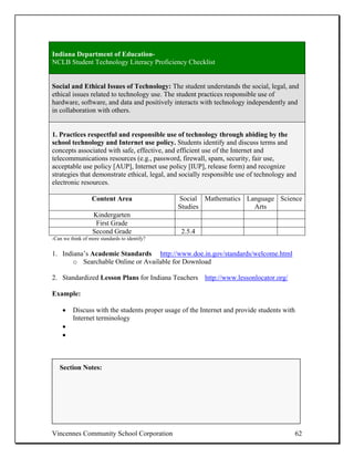 Indiana Department of Education-
NCLB Student Technology Literacy Proficiency Checklist


Social and Ethical Issues of Technology: The student understands the social, legal, and
ethical issues related to technology use. The student practices responsible use of
hardware, software, and data and positively interacts with technology independently and
in collaboration with others.


1. Practices respectful and responsible use of technology through abiding by the
school technology and Internet use policy. Students identify and discuss terms and
concepts associated with safe, effective, and efficient use of the Internet and
telecommunications resources (e.g., password, firewall, spam, security, fair use,
acceptable use policy [AUP], Internet use policy [IUP], release form) and recognize
strategies that demonstrate ethical, legal, and socially responsible use of technology and
electronic resources.

                  Content Area                 Social Mathematics Language Science
                                               Studies              Arts
                  Kindergarten
                   First Grade
                  Second Grade                  2.5.4
-Can we think of more standards to identify?


1. Indiana’s Academic Standards http://www.doe.in.gov/standards/welcome.html
       o Searchable Online or Available for Download

2. Standardized Lesson Plans for Indiana Teachers http://www.lessonlocator.org/

Example:

    •    Discuss with the students proper usage of the Internet and provide students with
         Internet terminology
    •
    •



   Section Notes:




Vincennes Community School Corporation                                                      62
 