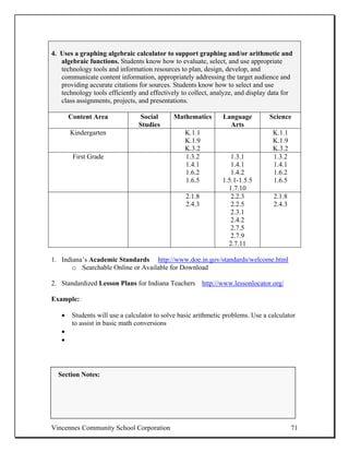 4. Uses a graphing algebraic calculator to support graphing and/or arithmetic and
   algebraic functions. Students know how to evaluate, select, and use appropriate
   technology tools and information resources to plan, design, develop, and
   communicate content information, appropriately addressing the target audience and
   providing accurate citations for sources. Students know how to select and use
   technology tools efficiently and effectively to collect, analyze, and display data for
   class assignments, projects, and presentations.

       Content Area             Social       Mathematics        Language         Science
                                Studies                           Arts
       Kindergarten                               K.1.1                           K.1.1
                                                  K.1.9                           K.1.9
                                                  K.3.2                           K.3.2
        First Grade                               1.3.2            1.3.1          1.3.2
                                                  1.4.1            1.4.1          1.4.1
                                                  1.6.2            1.4.2          1.6.2
                                                  1.6.5         1.5.1-1.5.5       1.6.5
                                                                  1.7.10
                                                  2.1.8            2.2.3           2.1.8
                                                  2.4.3            2.2.5           2.4.3
                                                                   2.3.1
                                                                   2.4.2
                                                                   2.7.5
                                                                   2.7.9
                                                                  2.7.11

1. Indiana’s Academic Standards http://www.doe.in.gov/standards/welcome.html
       o Searchable Online or Available for Download

2. Standardized Lesson Plans for Indiana Teachers http://www.lessonlocator.org/

Example:

   •    Students will use a calculator to solve basic arithmetic problems. Use a calculator
        to assist in basic math conversions
   •
   •




  Section Notes:




Vincennes Community School Corporation                                                     71
 