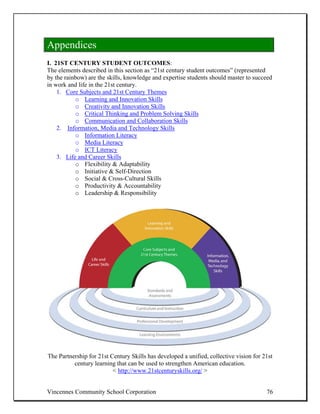 Appendices
I. 21ST CENTURY STUDENT OUTCOMES:
The elements described in this section as “21st century student outcomes” (represented
by the rainbow) are the skills, knowledge and expertise students should master to succeed
in work and life in the 21st century.
    1. Core Subjects and 21st Century Themes
           o Learning and Innovation Skills
           o Creativity and Innovation Skills
           o Critical Thinking and Problem Solving Skills
           o Communication and Collaboration Skills
    2. Information, Media and Technology Skills
           o Information Literacy
           o Media Literacy
           o ICT Literacy
    3. Life and Career Skills
           o Flexibility & Adaptability
           o Initiative & Self-Direction
           o Social & Cross-Cultural Skills
           o Productivity & Accountability
           o Leadership & Responsibility




The Partnership for 21st Century Skills has developed a unified, collective vision for 21st
          century learning that can be used to strengthen American education.
                          < http://www.21stcenturyskills.org/ >


Vincennes Community School Corporation                                                  76
 