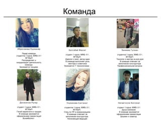 Команда
Ибрагимова Нуржанар
Лидер команды
3 , -301студентка курса МЖБ
ФГУБиП
Распределяет и
координирует деятельность
команды
Занимается танцами
Балгабай Максат
3 , -301,студент курса МЖБ
,ФГУБиП
,Идеолог и мозг автор идеи
В команде выполняет роль
ментора и советника
IT …Увлекается технологиями
Бакеева Гулжан
3 , -301,студентка курса МЖБ
,ФГУБиП
Технолог и мастер на все руки
В команде отвечает за
заполнение конструктора
Профессиональная актриса
Дюсекенов Рунар
3 , -301,студент курса МЖБ
ФГУБиП
Гений маркетинга и продаж
В команде занимается
оформлением презентаций
Волейболист
Укужанова Салтанат
3 , -301,студентка курса МЖБ
,ФГУБиП
Спец по ПР и коммуникациям
В команде отвечает за
заполнение конструктора
Начинающая ведущая
Негметолла Колганат
3 , -301студент курса МЖБ
Душа компании
В команде занимается
оформлением презентации
Шоумен и новатор
 